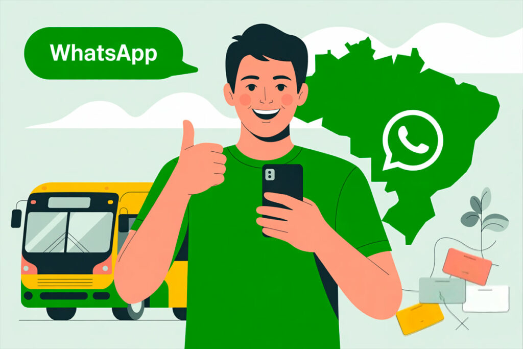 Homem sorridente com camiseta verde segurando um celular e fazendo sinal de positivo, com um ônibus e o mapa do Brasil ao fundo representando a compra de passagem de ônibus pelo WhatsApp.