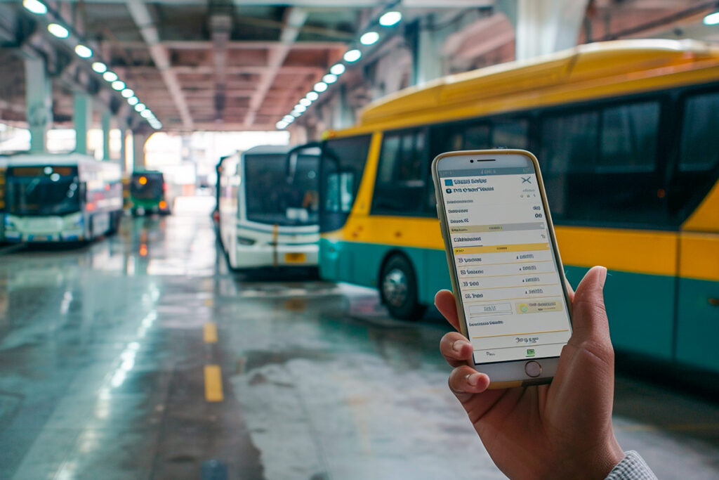 Foreign traveler holding a smartphone inside a Brazilian bus terminal, illustrating how to buy bus tickets online in Brazil