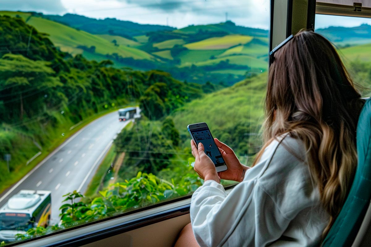 Traveler using a smartphone inside a bus while looking at a Brazilian highway, representing buying bus tickets online in Brazil