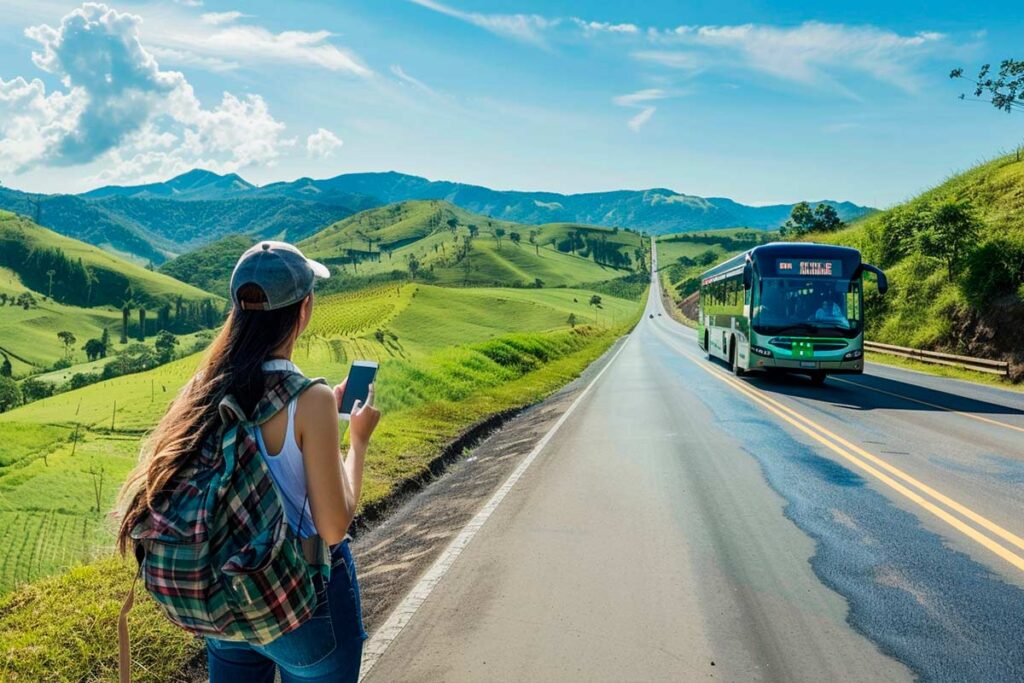 Viajera latinoamericana usando el celular mientras un autobús recorre una carretera en Brasil, representando la compra de pasajes de autobús online